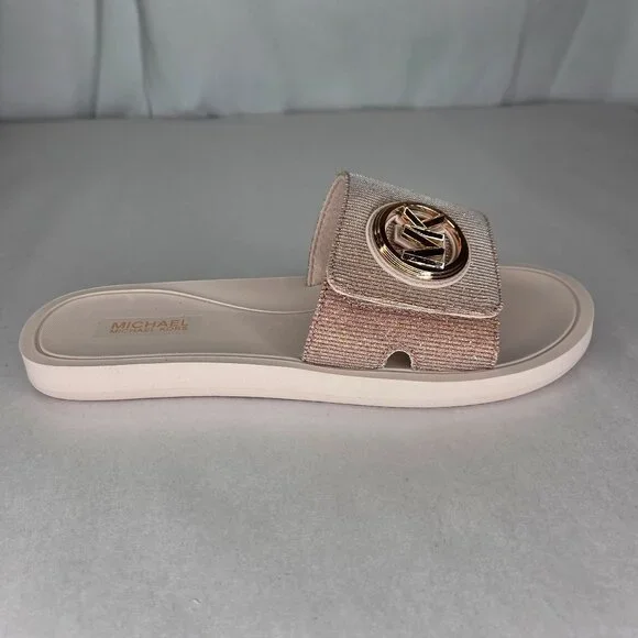 NWT Michael Kors MK Charm Slide Flat Sandals Soft Pink/ Rose Gold - Picture 3 of 7